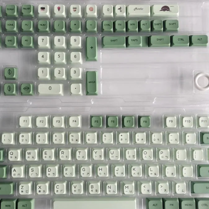 124 Key Matcha green and beige PBT keycap set for mechanical keyboards, showing multiple language layout options.