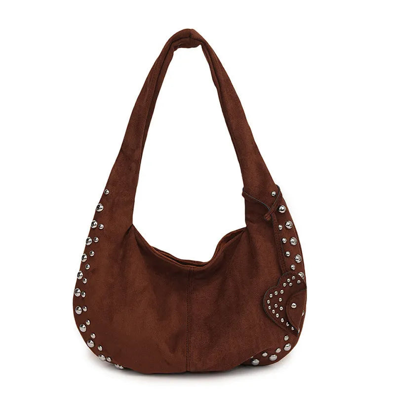 Soft plush casual tote handbag in retro style, shown in a selection of colours including black, brown, green, red, and coffee.