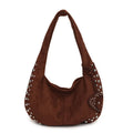 Soft plush casual tote handbag in retro style, shown in a selection of colours including black, brown, green, red, and coffee.