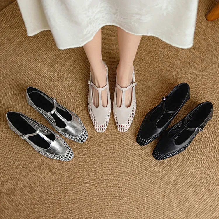 Mid heel cowhide leather Mary Jane sandals with square toe in silver, black, and white colour options
