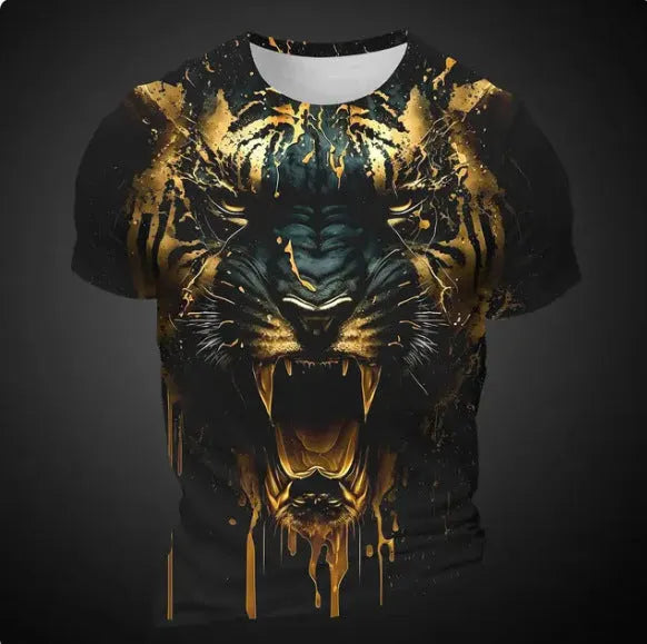 Men's 3D tiger pattern printed T-shirt in polyester bird eye cloth fabric with short sleeves