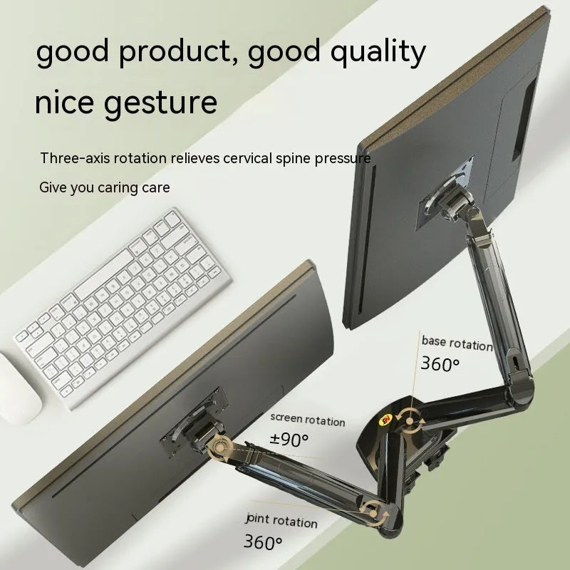 Black dual monitor desk mount bracket with VESA plates and a height-adjustable lifting arm.