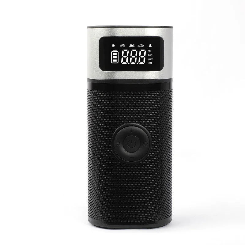 Black portable wireless smart air pump with USB cable, 15cm tube, and nozzle accessories on a grey background.