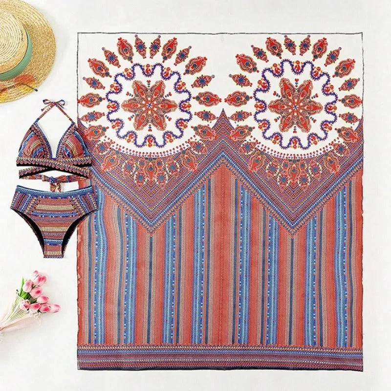 Women's three-piece split swimsuit set with high-waist briefs, cutout blouse, and coat in pictured colour.