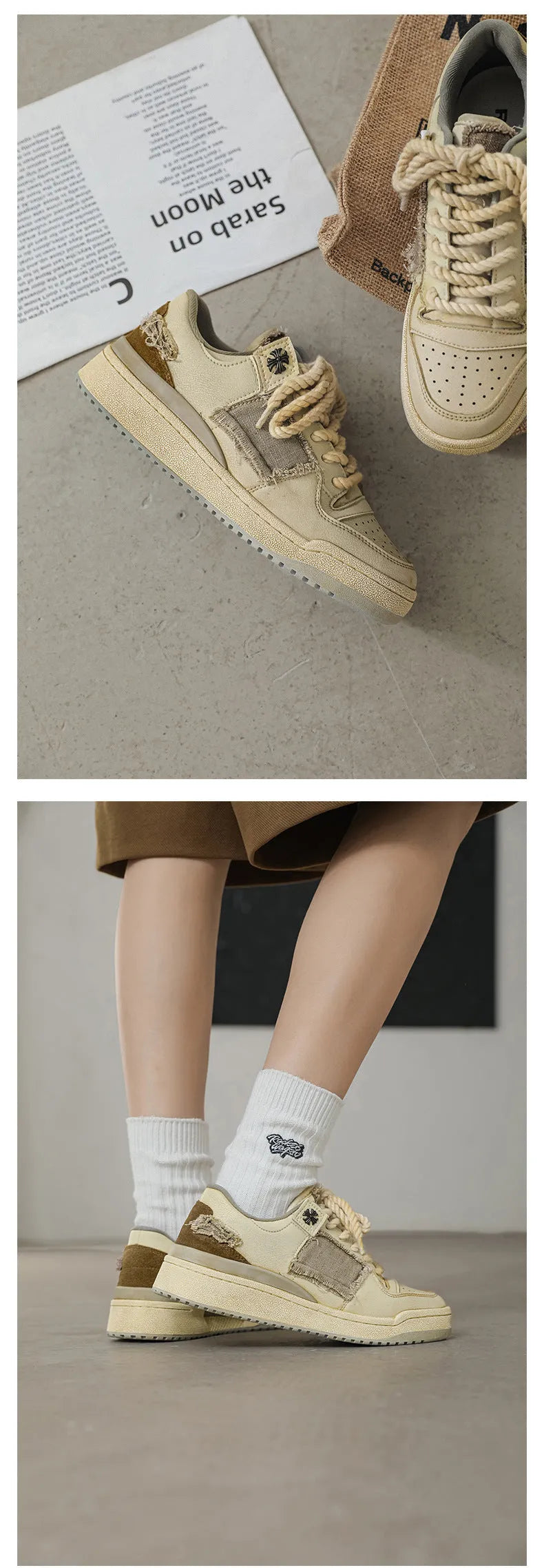 Beige microfiber skateboard shoes with flat rubber sole and lace-up closure