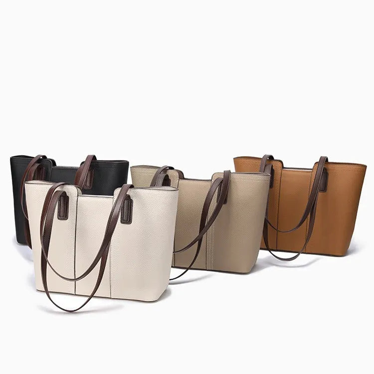 Genuine leather women's commuter shoulder bag in box-type design with mobile phone pocket