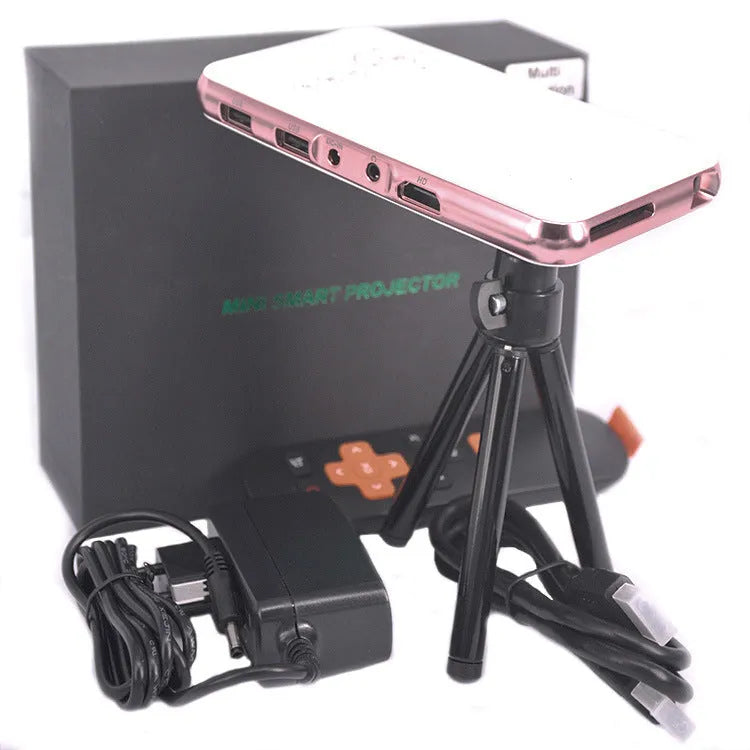 White and rose gold miniature Android DLP projector showing compact 145x80x17.5mm dimensions with projection lens