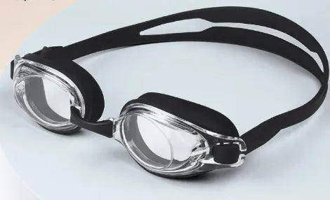 Myopia swimming goggles with anti-fog lenses and a protective storage case in assorted colours.