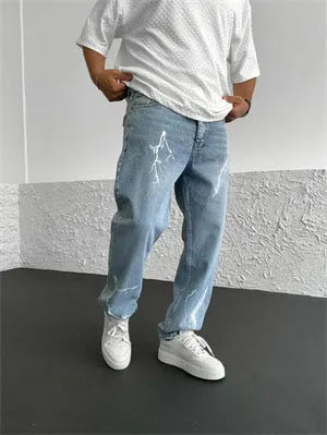 Men's blue straight-leg denim jeans with wide leg cut and mid waist design