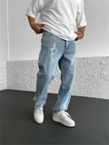 Men's blue straight-leg denim jeans with wide leg cut and mid waist design