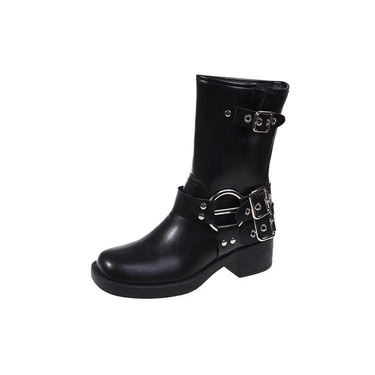 Women's platform boots with belt buckle detail in middle calf length, available in black or brown