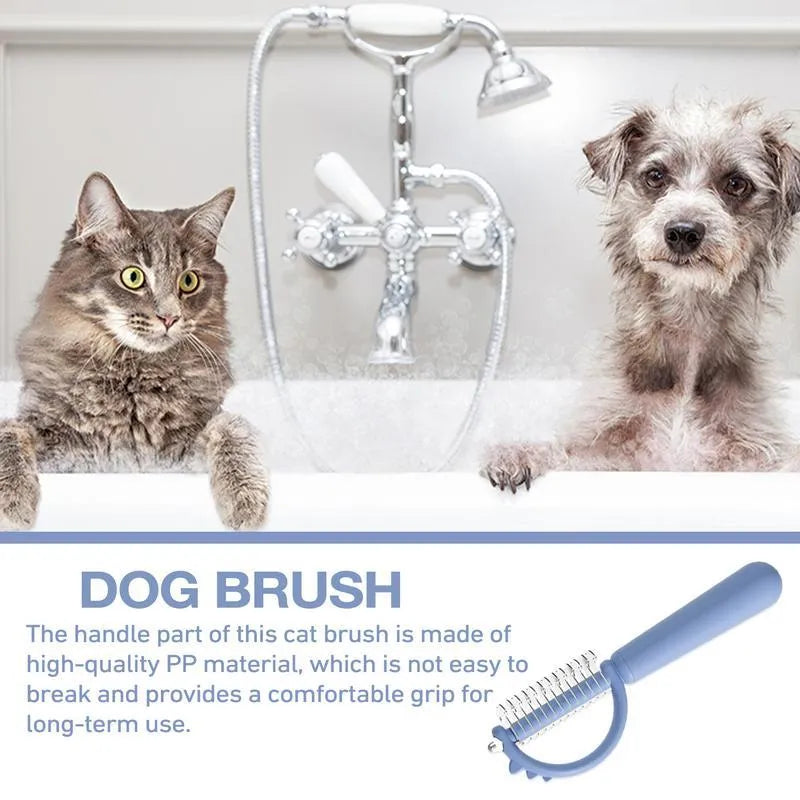 Blue dinosaur-shaped self-cleaning cat brush with double-sided stainless steel slicker pins.