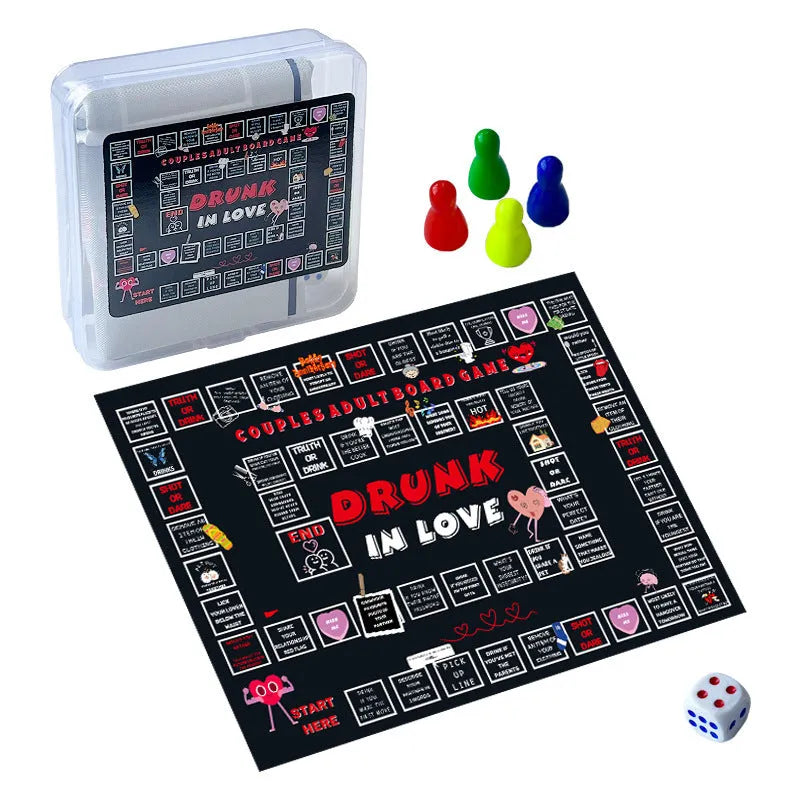 Couple drinking board game on photo cloth with drunk love theme and double game board