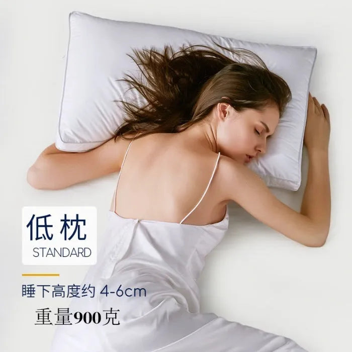 White cotton satin stripe pillow with feather cotton filling, shown in low, medium, and high loft versions.