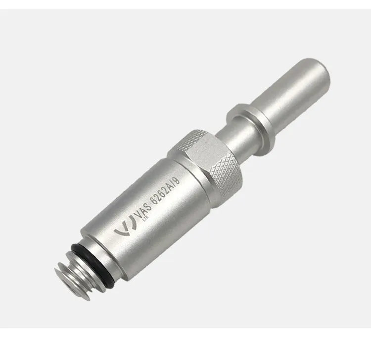 Silver metal VAS6262-9 transmission oil refueling joint adapter tool on a white background.
