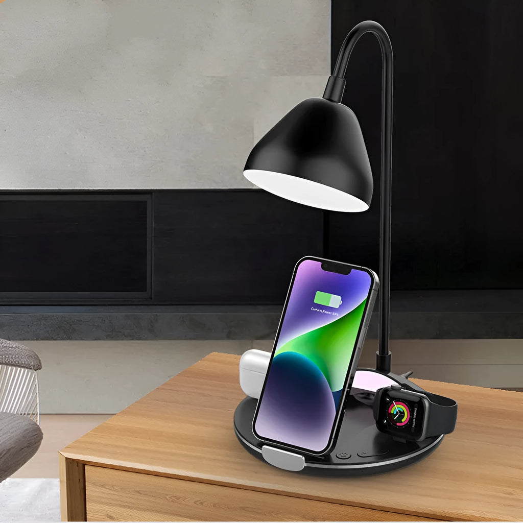 Black and white magnetic folding wireless charger extended to 320 mm height with phone and tablet charging