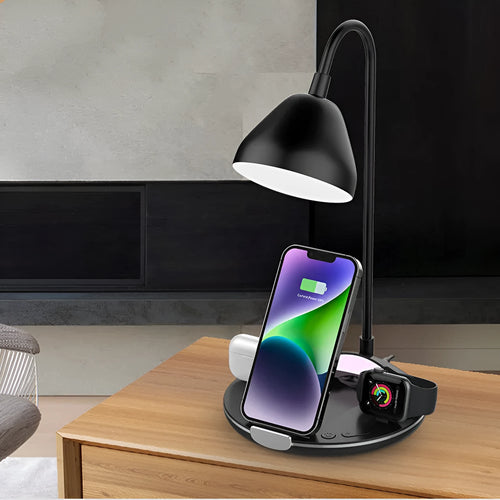 Black and white magnetic folding wireless charger extended to 320 mm height with phone and tablet charging