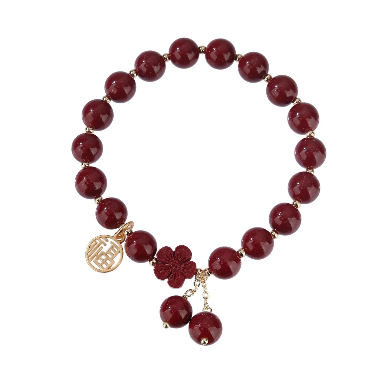 Women's cinnabar bracelet with fu character charm in purple gold sand colour and peach blossom detailing