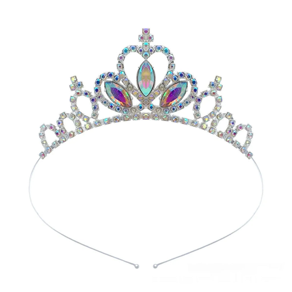 Girl's electroplated alloy princess crown headdress in gold and silver colour variations with gemstone-effect finishes.