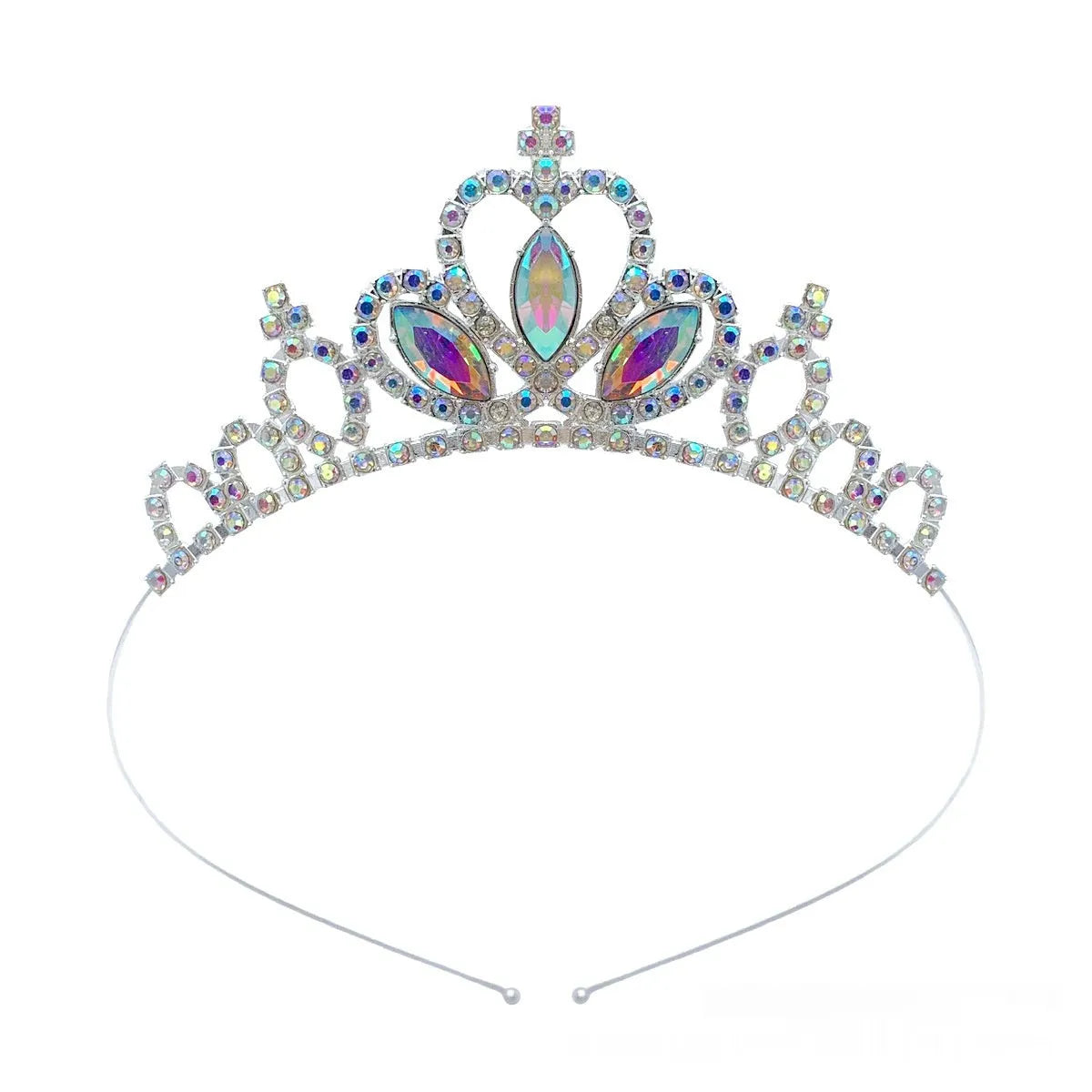 Girl's electroplated alloy princess crown headdress in gold and silver colour variations with gemstone-effect finishes.