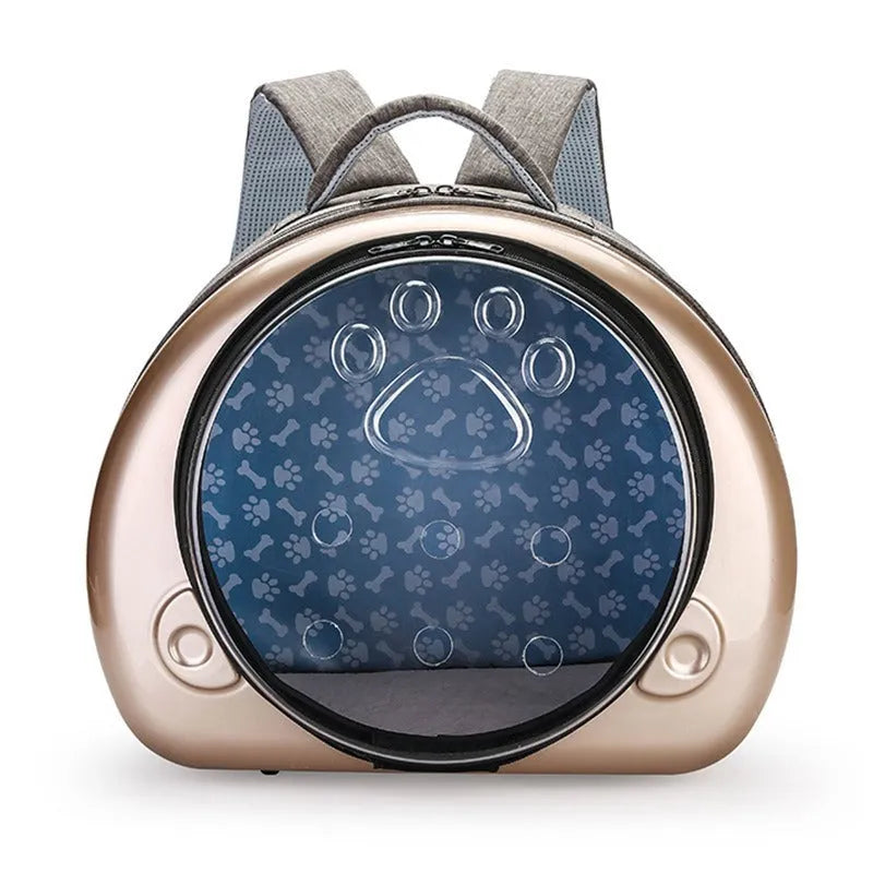 Transparent PC canvas cat carrier bag in space capsule shape with rose gold front cover.
