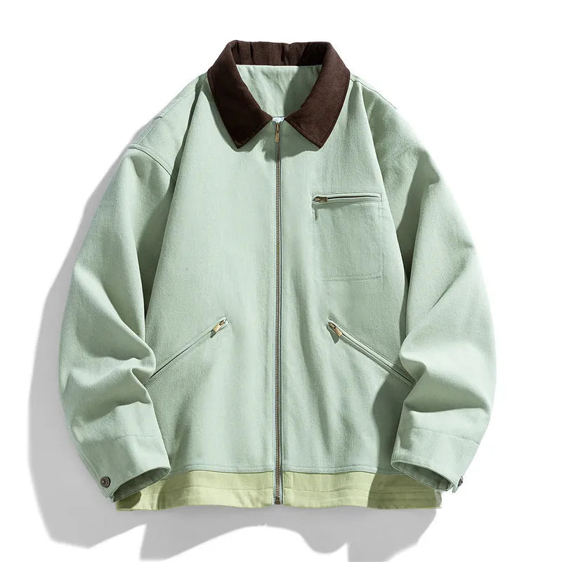 American retro workwear jacket with contrast lapels and side pockets in mint green colour