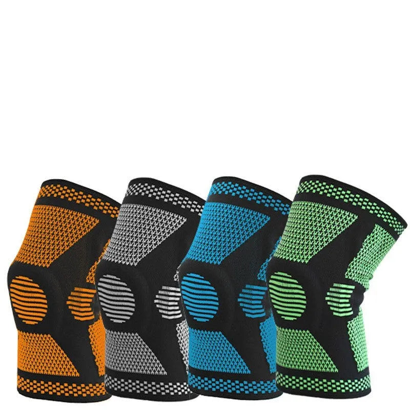 Sports fitness silicone spring knee pads in polyamide material showing colour options and sizing for leg circumference 35-55cm