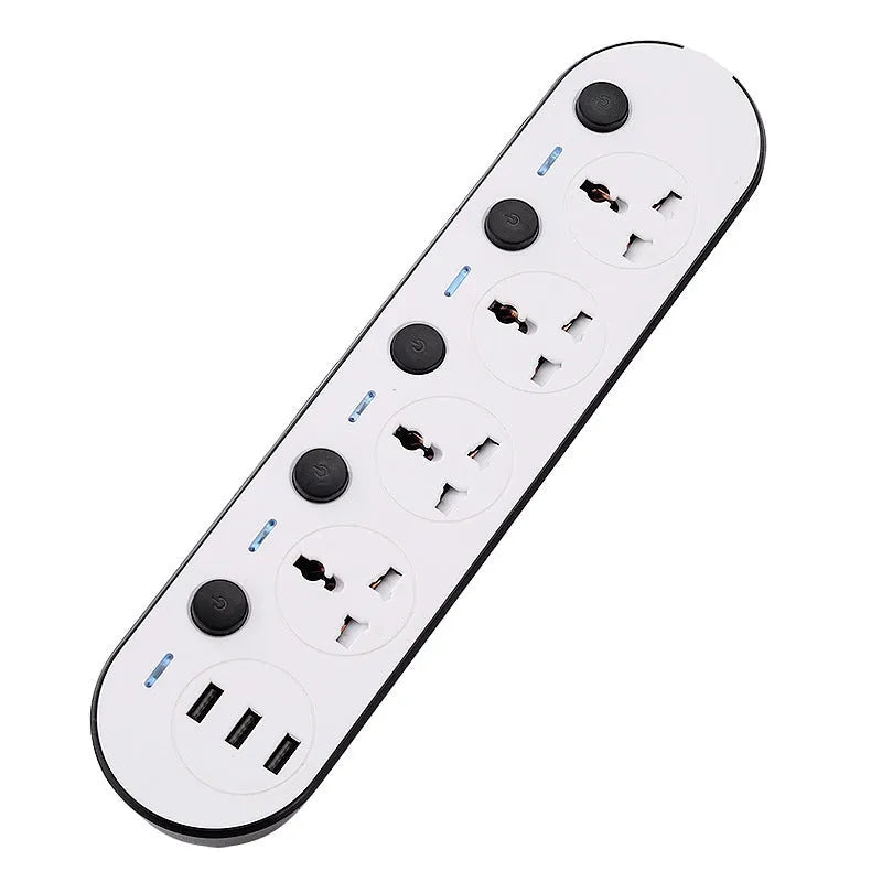 Multi-switch power strip with USB ports showing British, European and American plug formats
