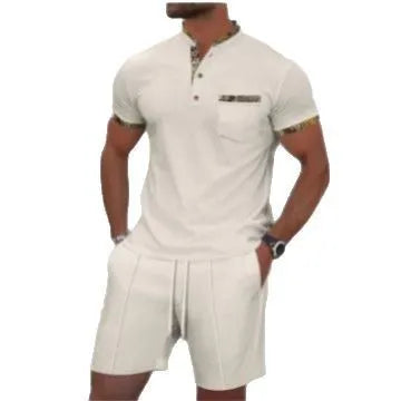 Men's grey waffle texture zipper polo collar short sleeve top with matching shorts sports set