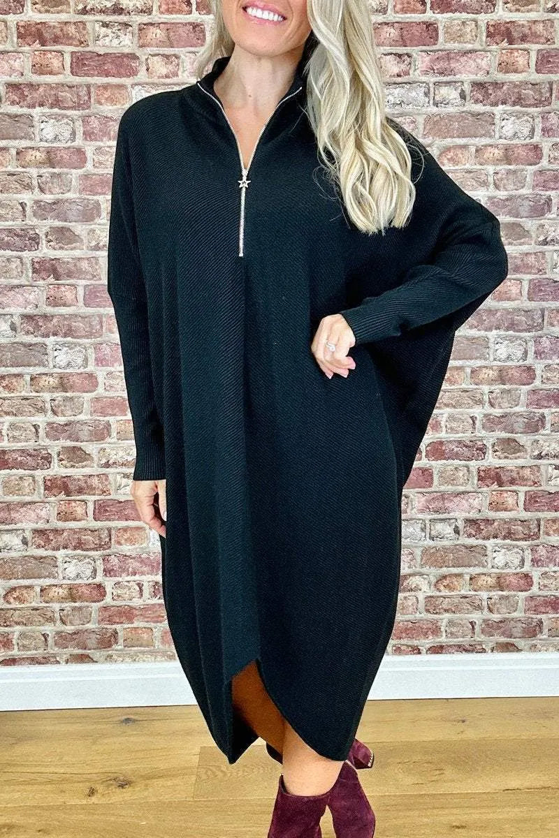 Women's solid colour knitted loose dress with front zipper and raglan sleeves