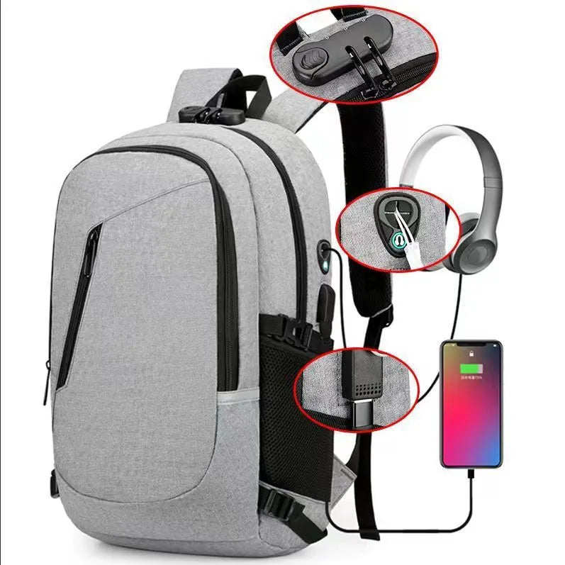 Grey Oxford cloth computer backpack with street trend style, shown with laptop compartment and front pocket.