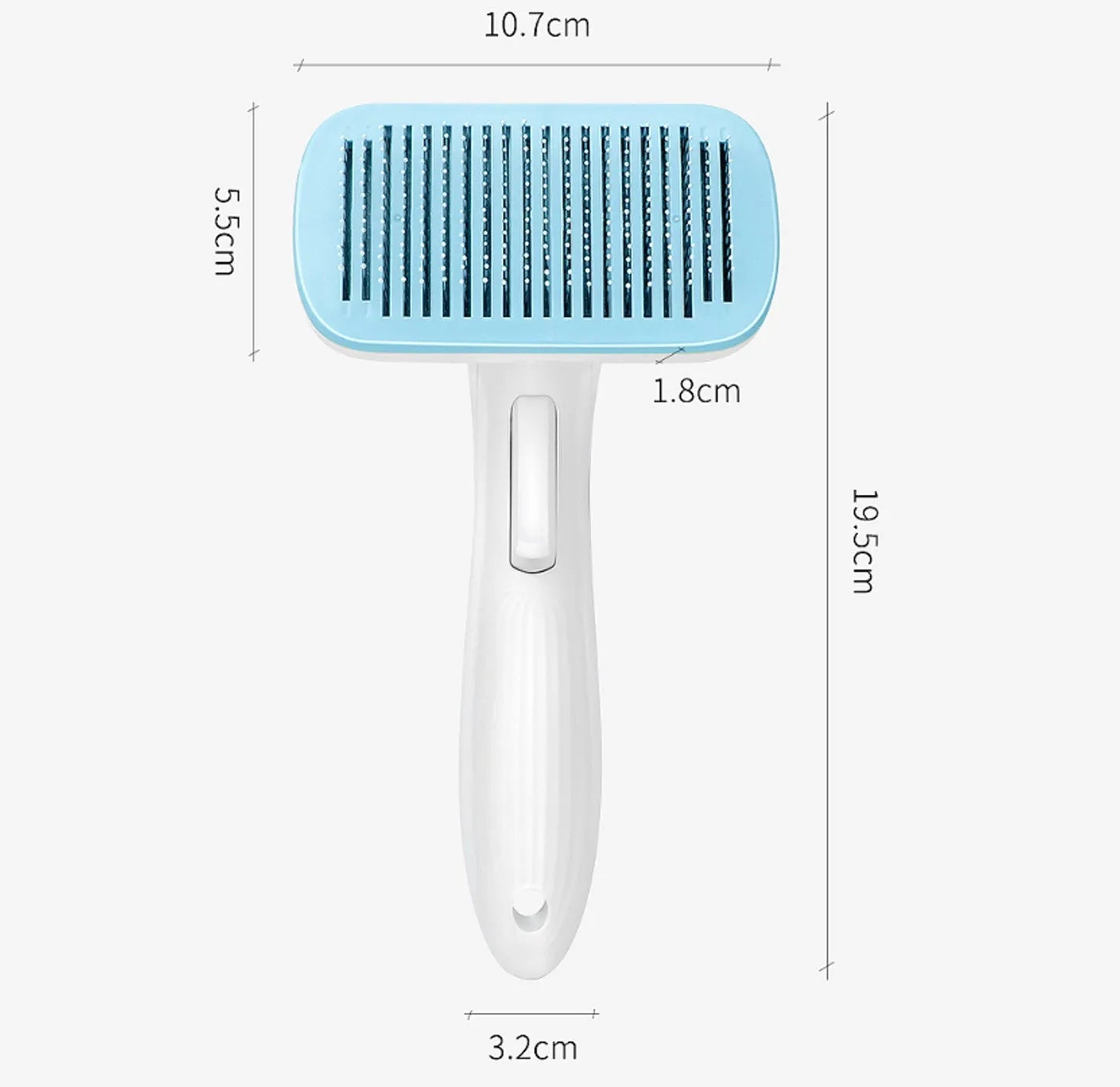 Blue automatic pet hair removal comb for dogs and cats on a table.
