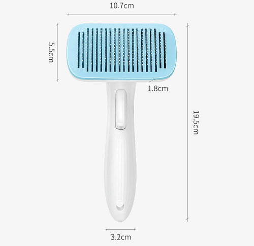 Blue automatic pet hair removal comb for dogs and cats on a table.