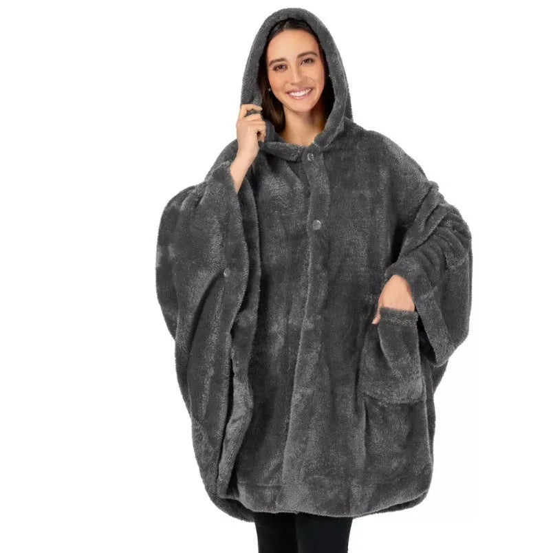 A thick black hooded bathrobe with long sleeves and a cardigan opening, laid flat.