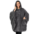 A thick black hooded bathrobe with long sleeves and a cardigan opening, laid flat.