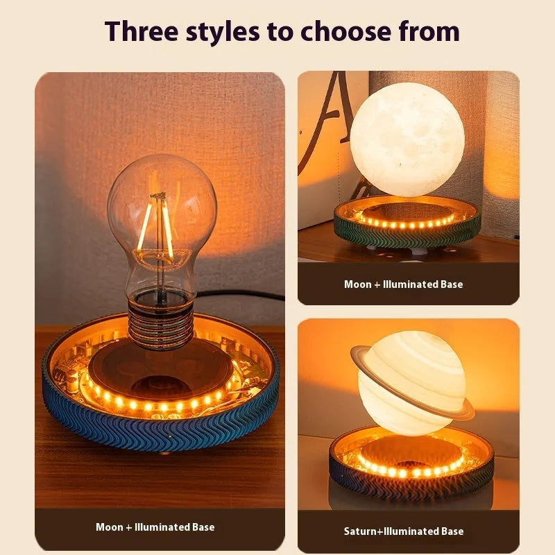 Small white magnetic suspension moon lamp floating above its base as a night light.
