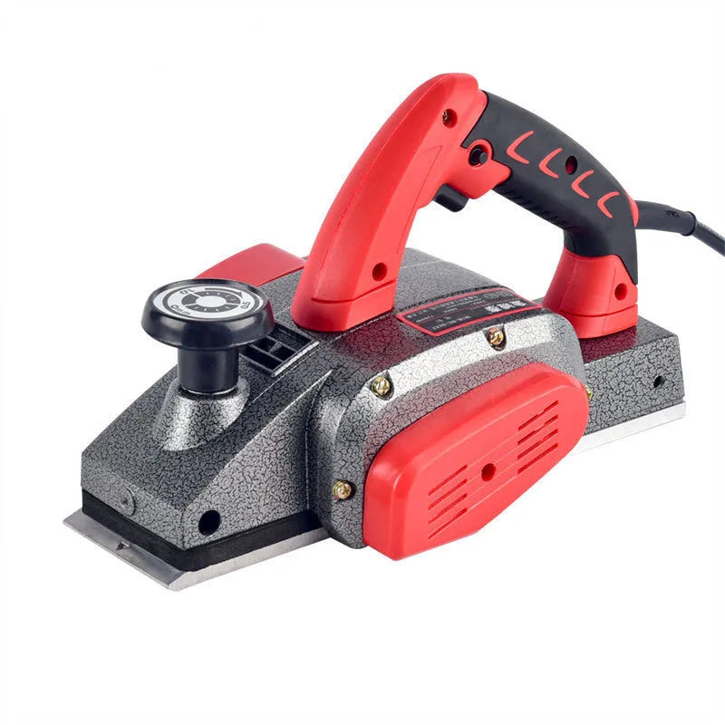 Red electric wood planer with aluminium body and 82mm planing width for household carpentry