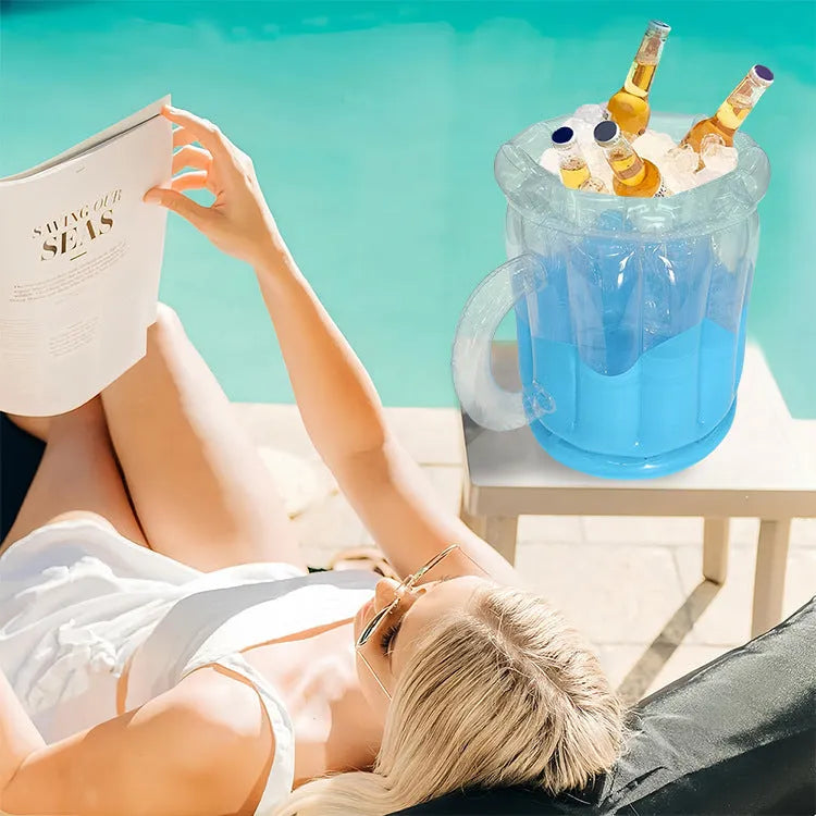 Yellow inflatable PVC ice bucket for cooling beer steins at outdoor events