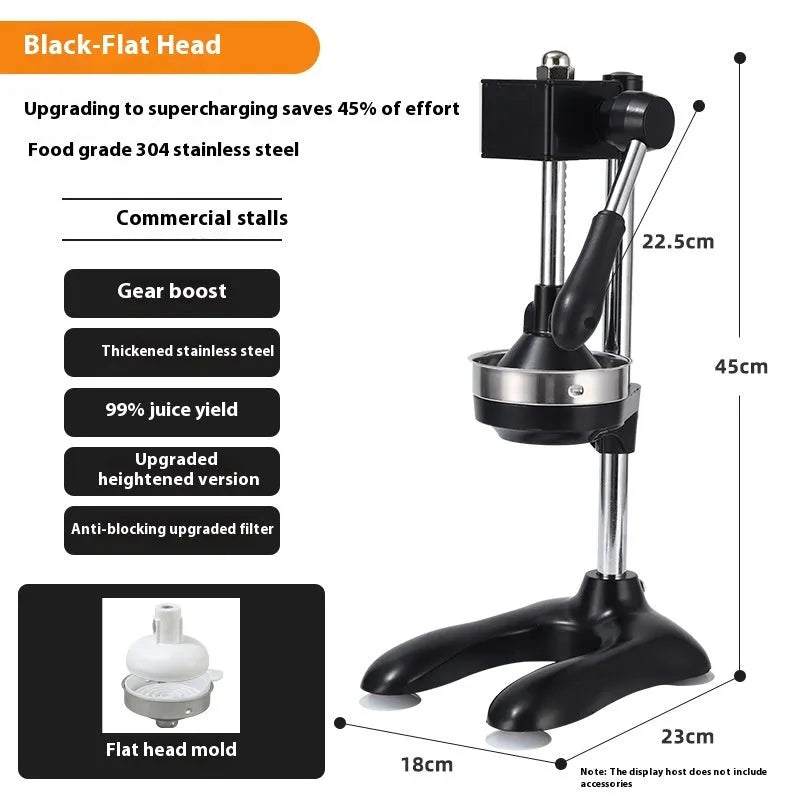 Vertical stainless steel manual juicer with zinc alloy base in choice of colours with pointed, flat or double head options