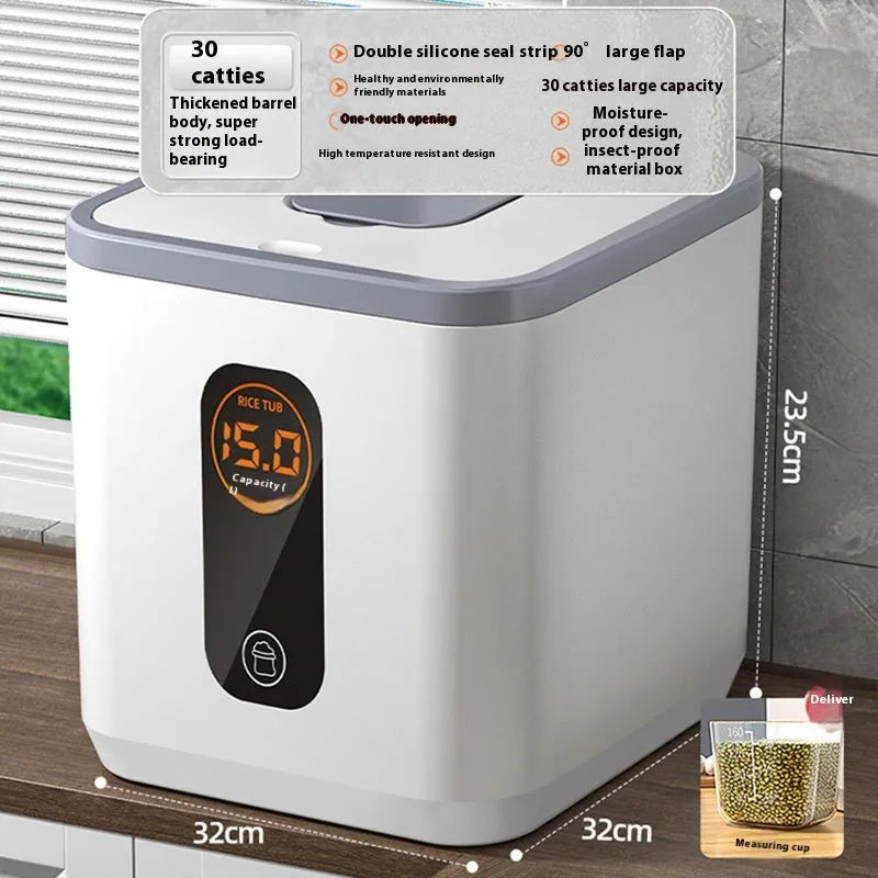 Grey plastic rice storage jar with lid and measuring cup for 10kg, 20kg, or 30kg capacity.