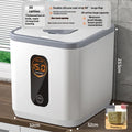 Grey plastic rice storage jar with lid and measuring cup for 10kg, 20kg, or 30kg capacity.