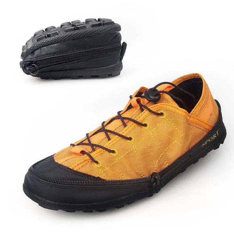 Men's folding outdoor hiking shoes with side zipper in black, grey, or orange colours.