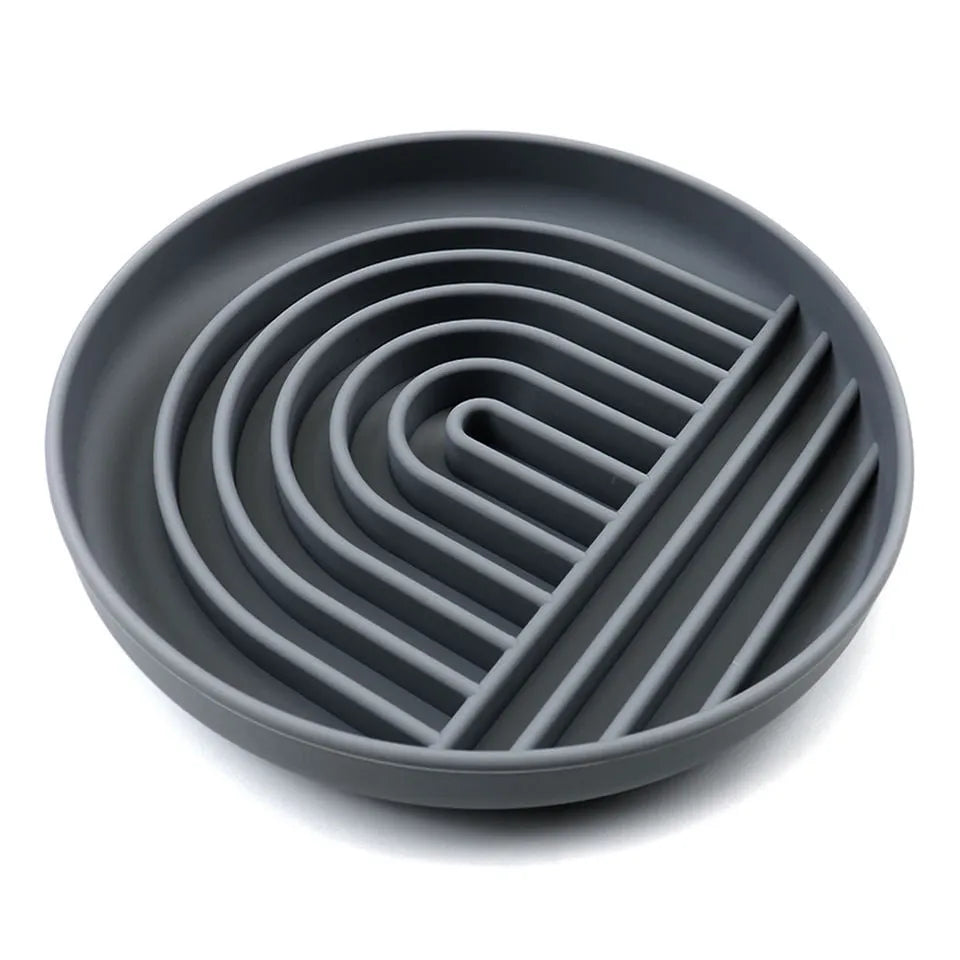 Silicone slow feeder dog bowl with ridges, shown in mustard green colour