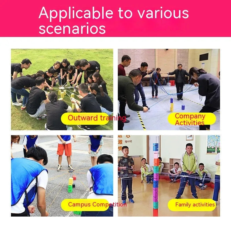 ABS plastic team building game equipment with tower blocks, pull ropes and hook frame for group coordination activities