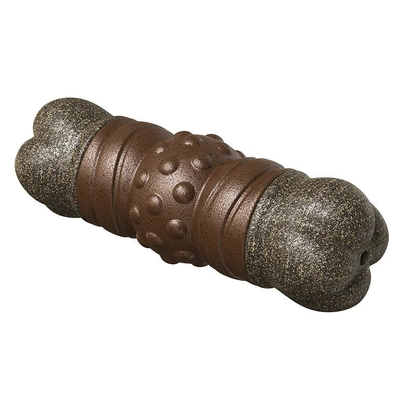 Wood colour plastic bone-shaped dog toy with removable dental cleaning rod inserted.