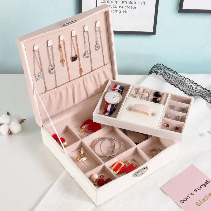 Red or white PU leather jewellery storage box with compartments for necklaces and rings