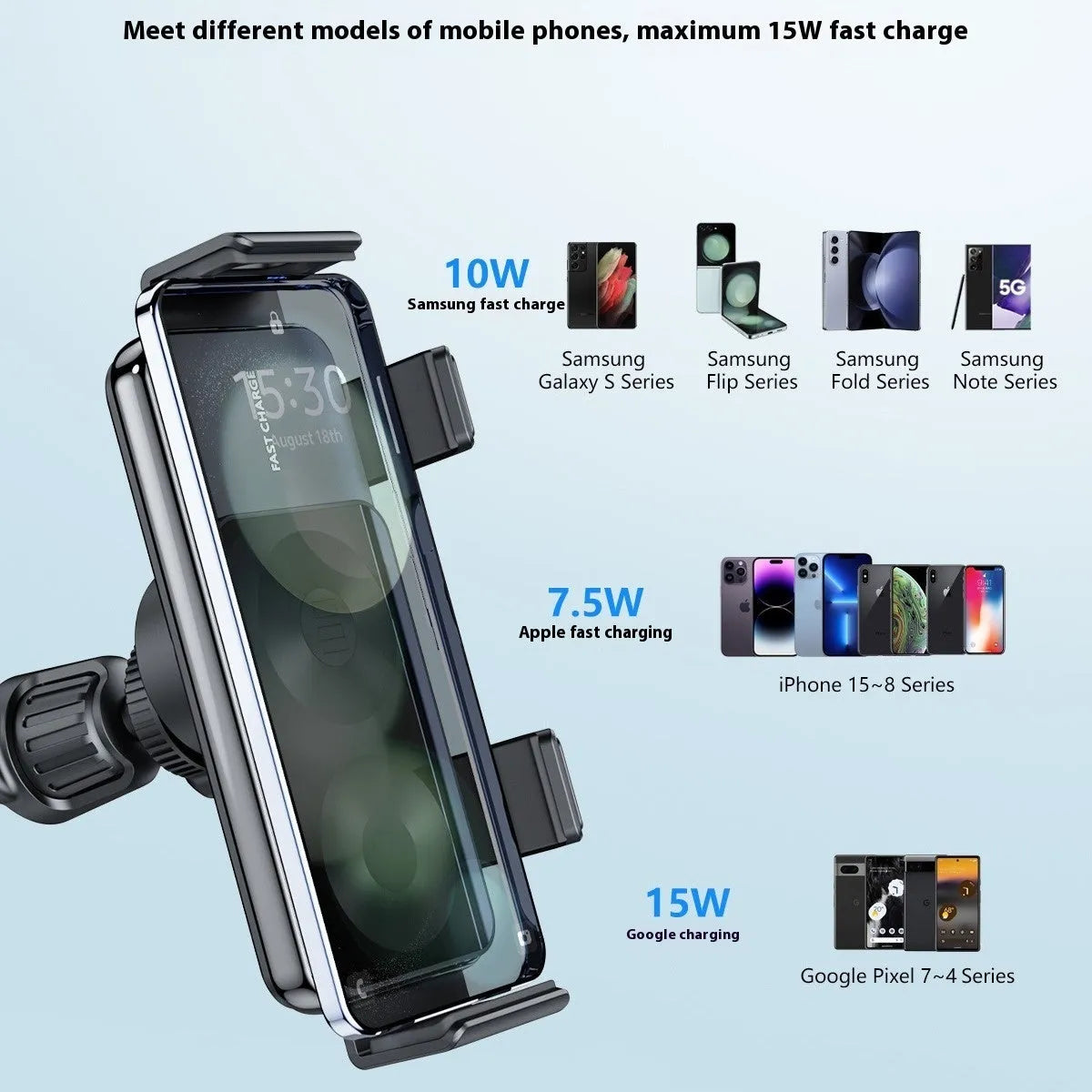 New car wireless charger mobile phone holder in silver alloy with universal fit and dedicated S20A S20B editions