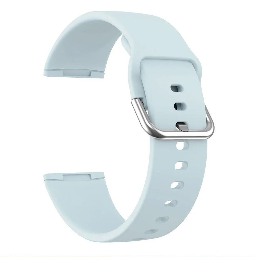 Silicone replacement strap with silver buckle for Fitbit Versa 3 and Sense 2 in multiple solid colour options.