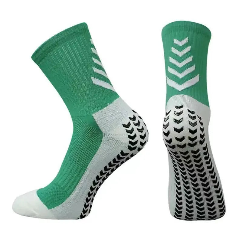 Men's mid-calf athletic socks with geometric patterns and non-slip silicone grips