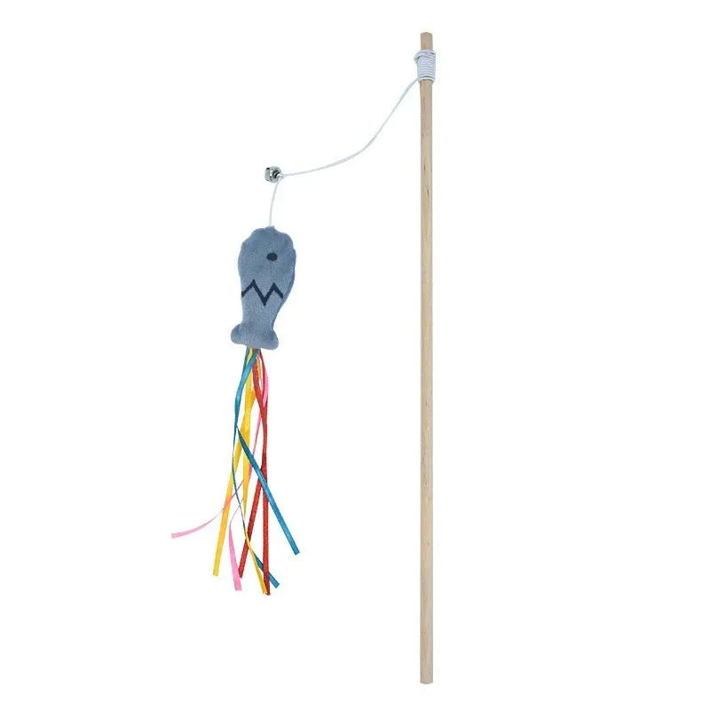 Cat wand toy with wooden handle, colourful ribbons, catnip fish and bell for indoor cats